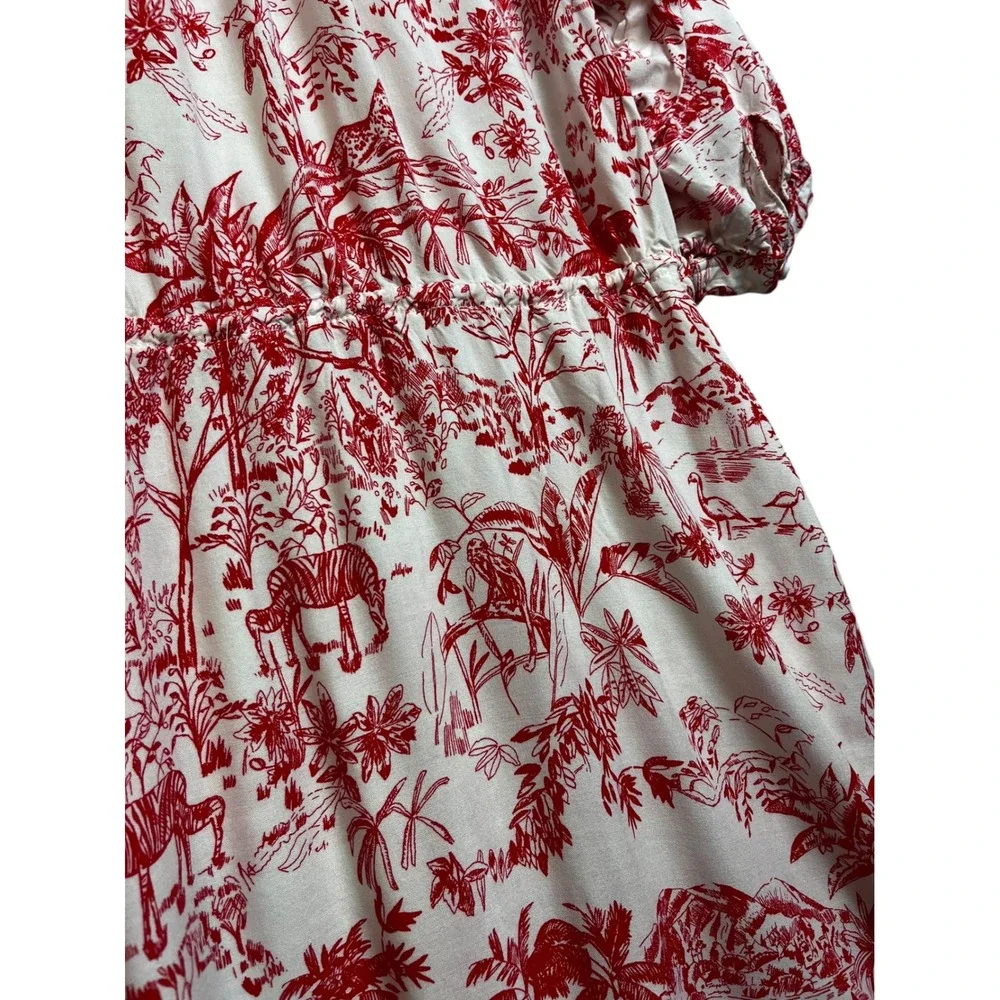 HM LOGG Red White Tropical Toile Tiered Midi Dress‎ V-Neck Drawstring Medium